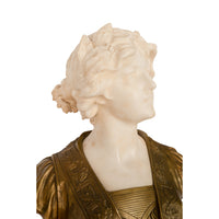 Antique Art Nouveau Female Carrara Marble Gilt Bronze Bust Statue Sculpture by Gustave Van Vaerenbergh 1900