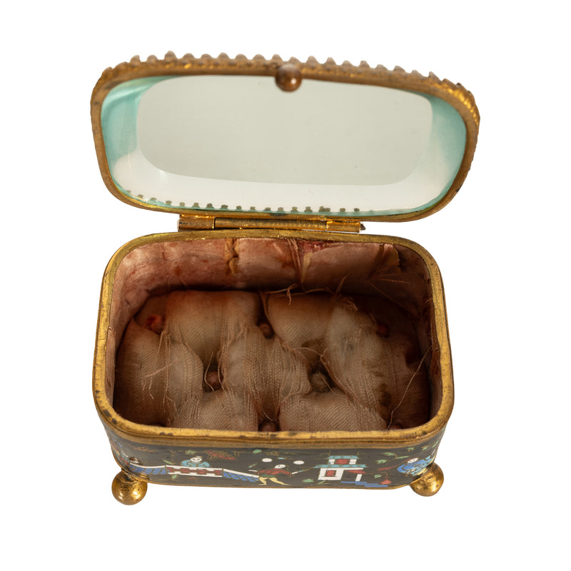 Antique French Gilt Brass Cloisonne Chinoiserie Champleve Jewelry Box Casket, 1880
