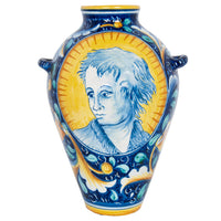 Pair Antique 18thC Italian Majolica Pottery Portrait Vases Apothecary Jars 1700