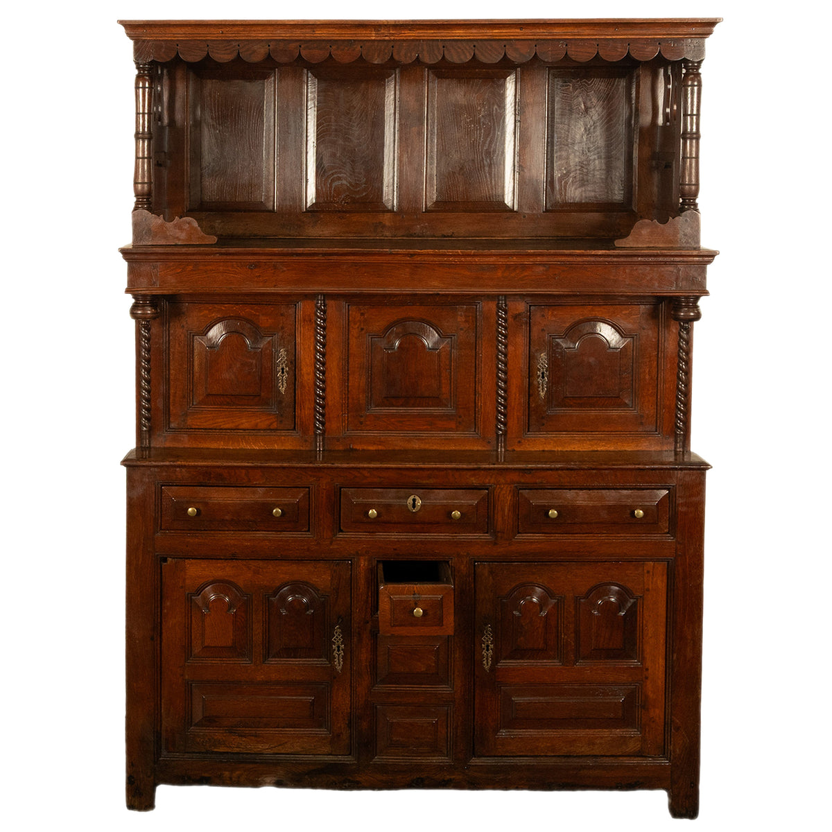 Antique Early 18th Century Carved Oak Welsh Cwpwrdd Tridarn Cupboard Cabinet 1730