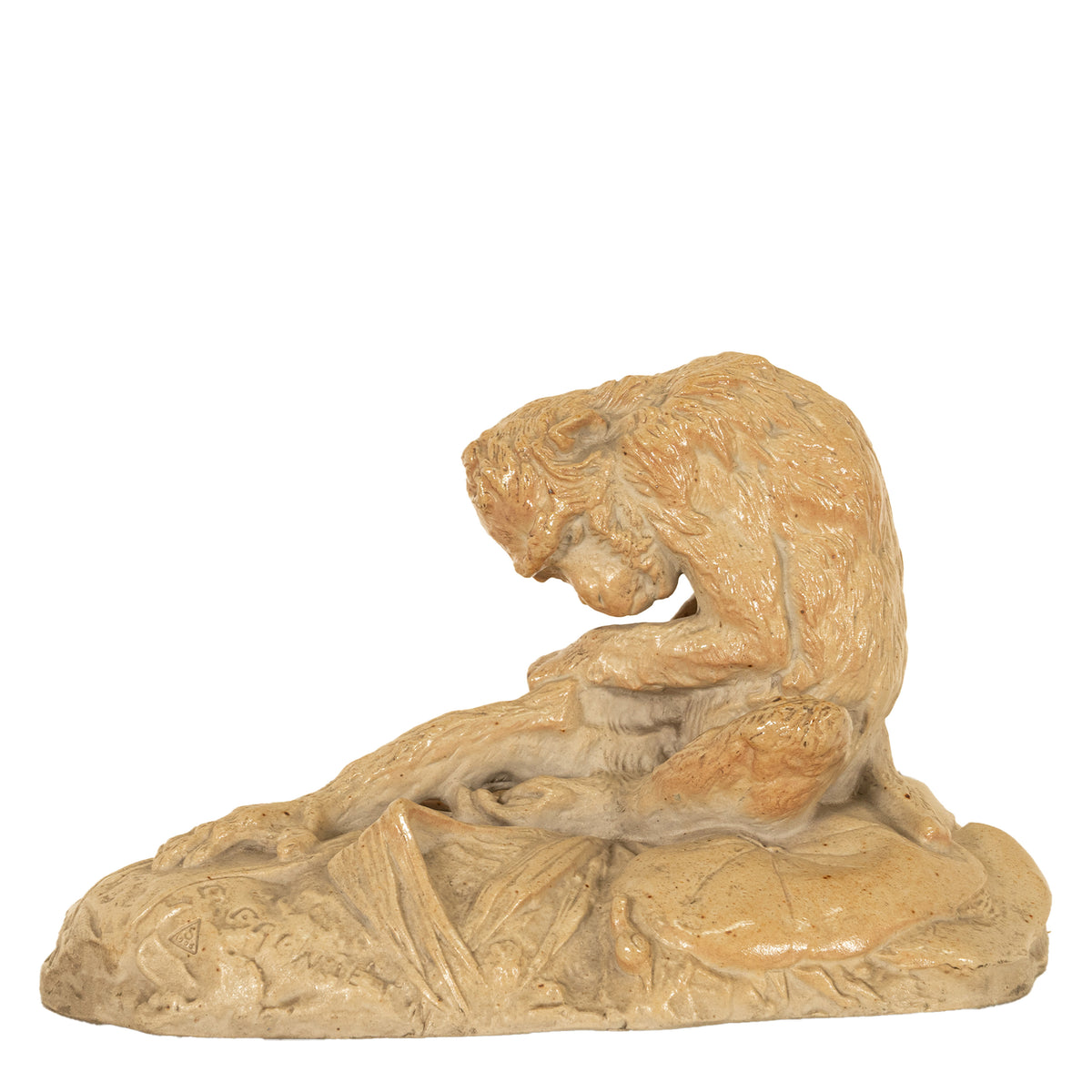 Antique French Sevres Terracotta Ceramic Monkey Snail Animalier Statue Sculpture by Emmanuel Fremiet, 1905