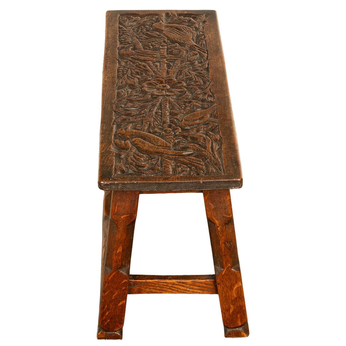 Antique English Carved Oak Arts & Crafts Hall Bench Seat 'Birds in a Tree' 1900