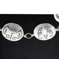 MCM Native American Navajo Silver Engraved Storyteller Concho Belt Willie Yazzie circa 1960