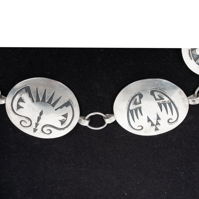 MCM Native American Navajo Silver Engraved Storyteller Concho Belt Willie Yazzie circa 1960