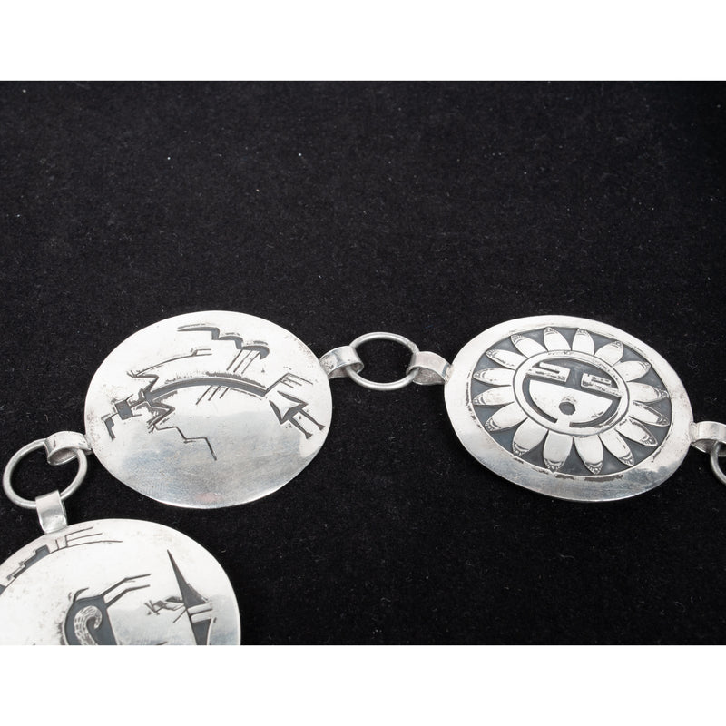 MCM Native American Navajo Silver Engraved Storyteller Concho Belt Willie Yazzie circa 1960