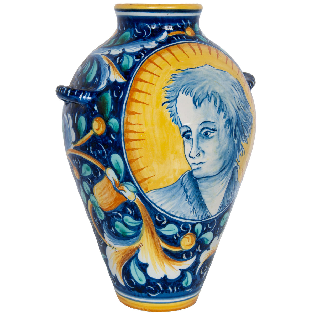 Pair Antique 18thC Italian Majolica Pottery Portrait Vases Apothecary Jars 1700