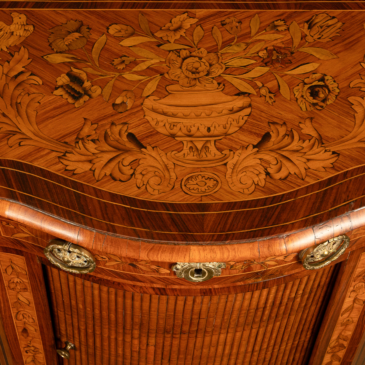 Pair Antique 18thC French Louis XV Inlaid Marquetry Ormolu Tambour Cabinets 1780
