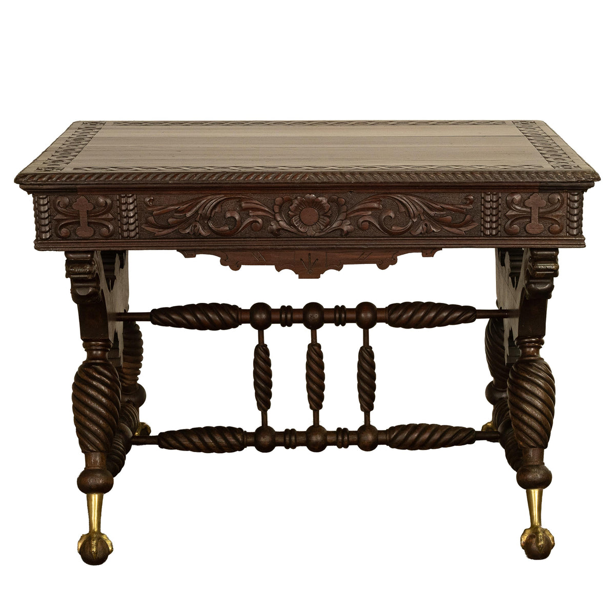 Aesthetic Movement Merklen Brothers Carved Walnut Library Table Desk NY 1890