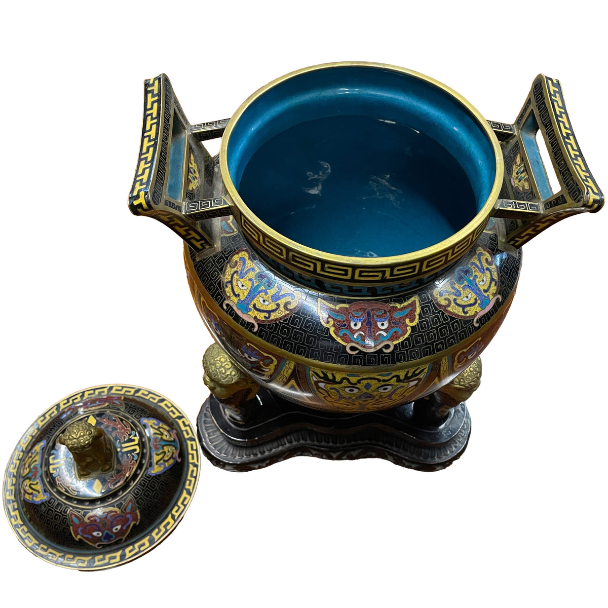 Antique Chinese Qing Dynasty Cloisonne Censer Ding Lidded Incense Burner 1870