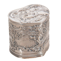 Antique Dutch Repousse Sterling Silver Heart Shaped Trinket Box Tea Caddy 1890