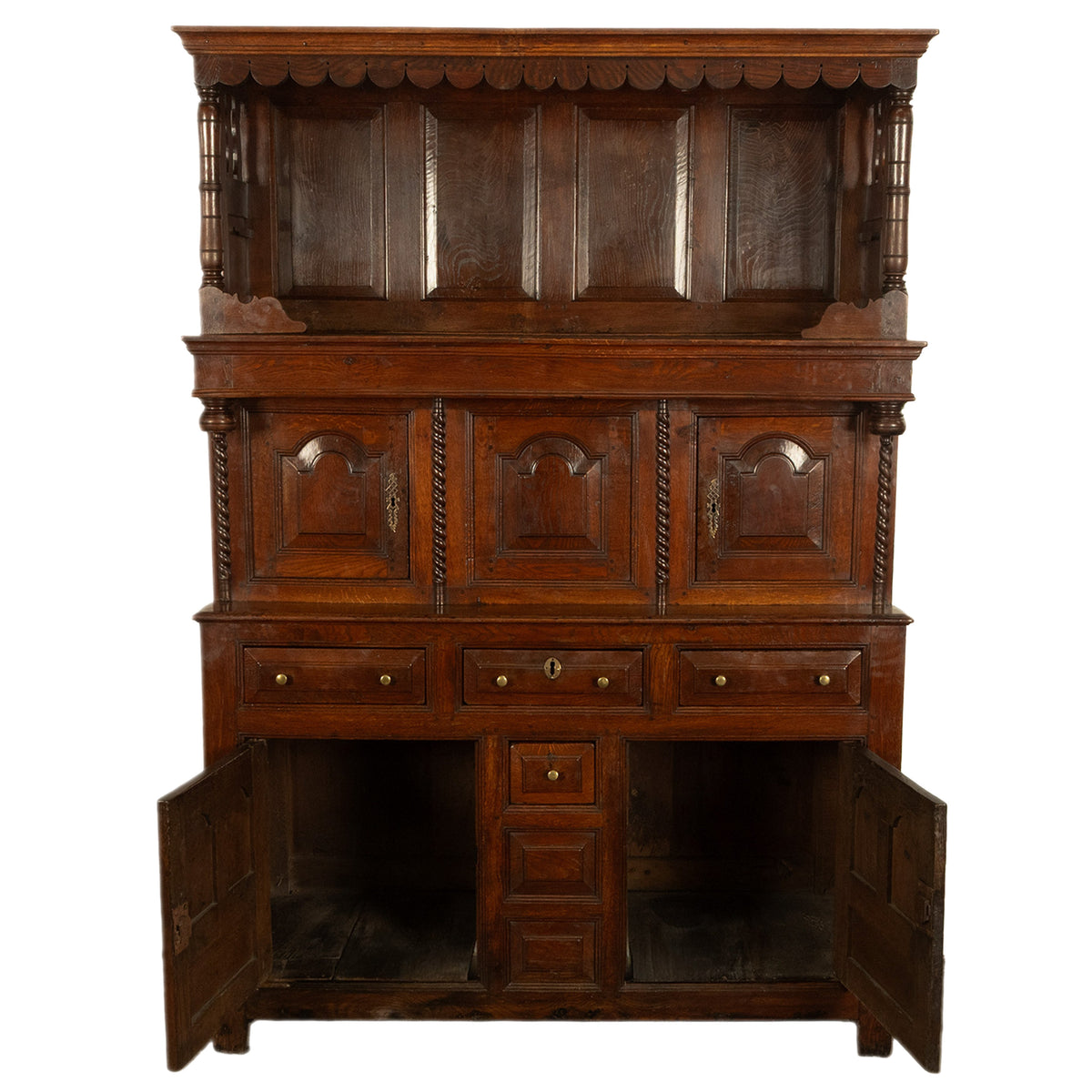 Antique Early 18th Century Carved Oak Welsh Cwpwrdd Tridarn Cupboard Cabinet 1730