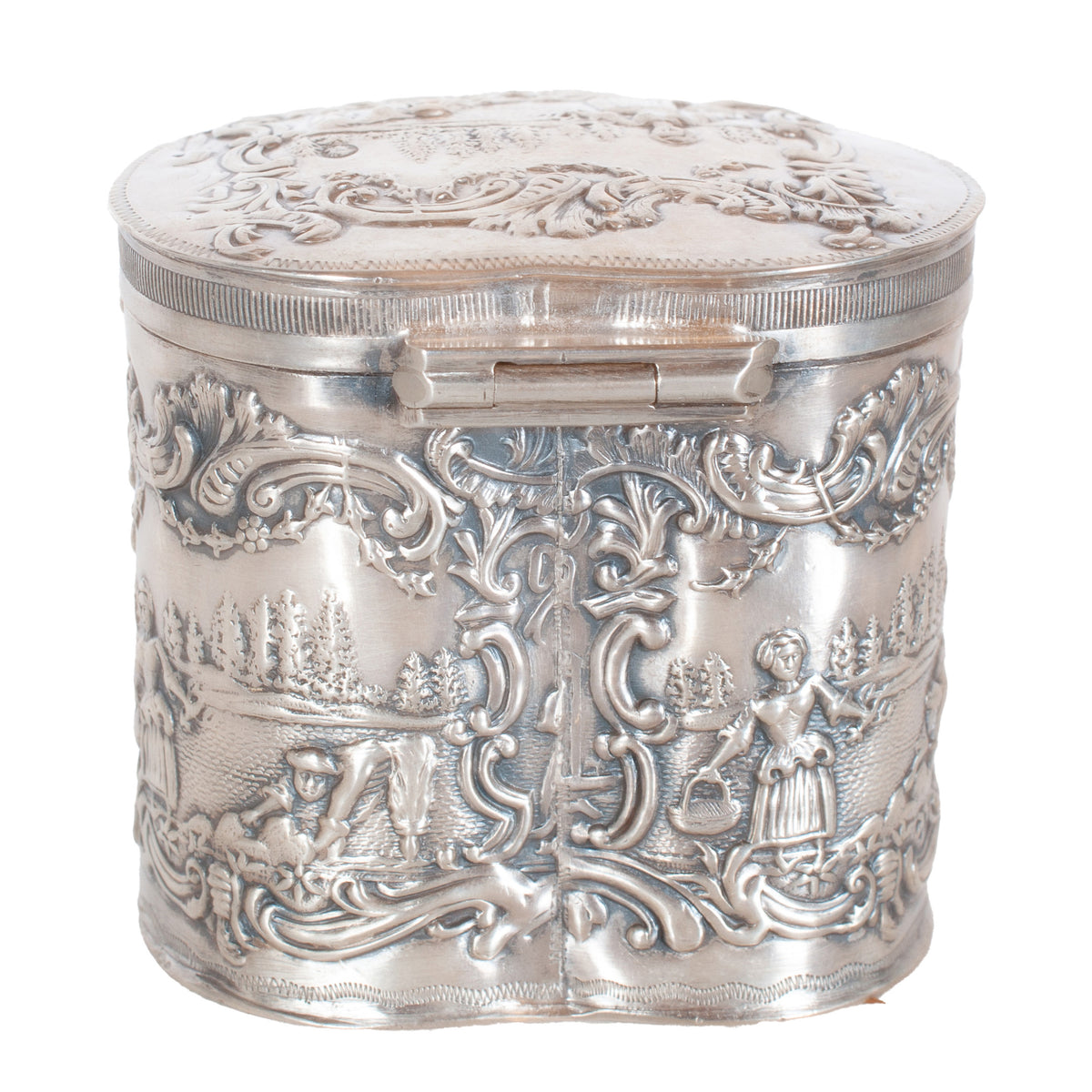 Antique Dutch Repousse Sterling Silver Heart Shaped Trinket Box Tea Caddy 1890