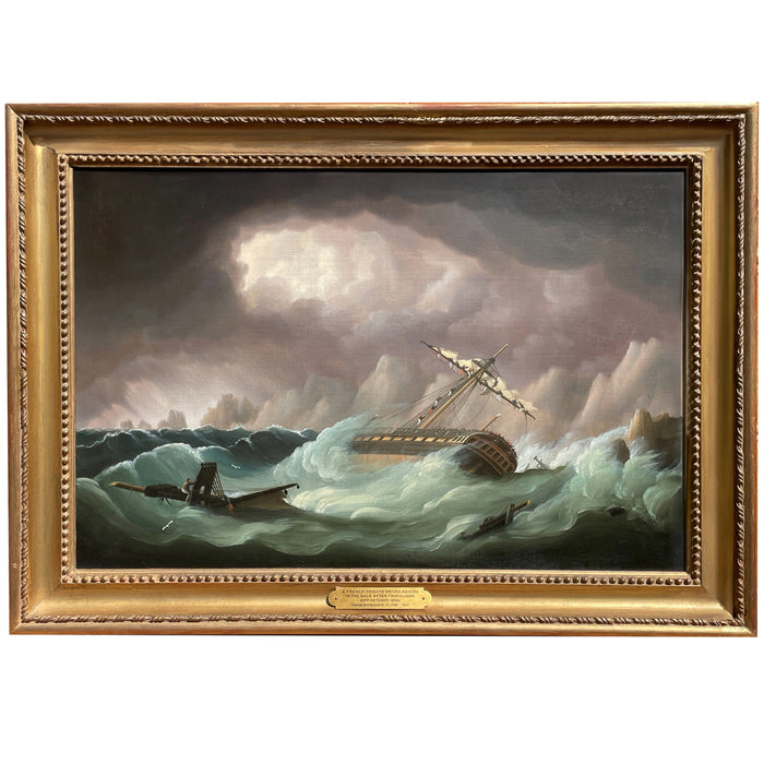 Antique Marine Naval Ships Oil Painting French Frigate After Battle of Trafalgar by Thomas Buttersworth, 1805
