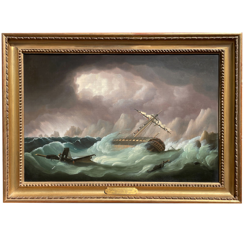 Antique Marine Naval Ships Oil Painting French Frigate After Battle of Trafalgar by Thomas Buttersworth, 1805