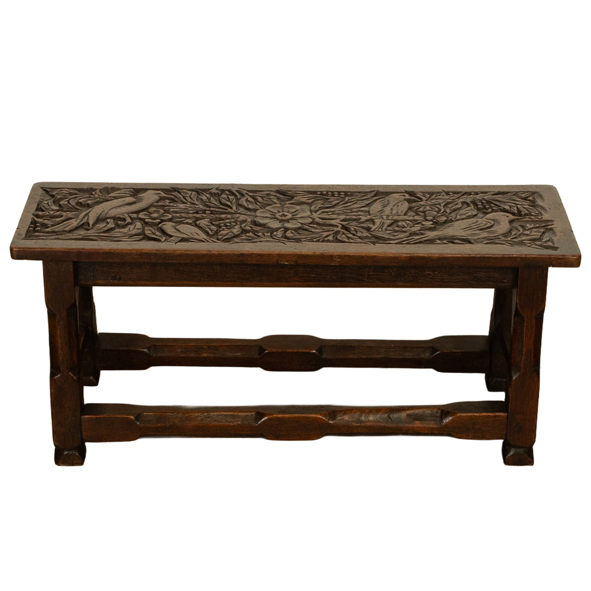 Antique English Carved Oak Arts & Crafts Hall Bench Seat 'Birds in a Tree' 1900
