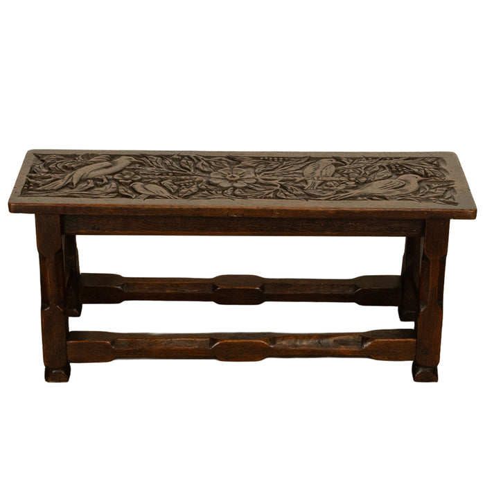 Antique English Carved Oak Arts & Crafts Hall Bench Seat 'Birds in a Tree' 1900