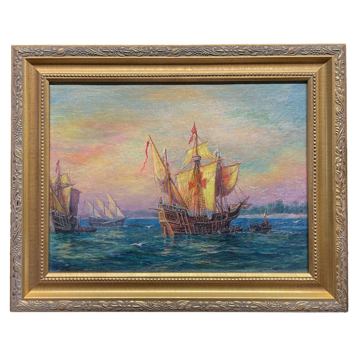 Antique American Nautical Ships Oil Painting "The Discovery" Jamestown Virginia by William Steeple Davis 1921