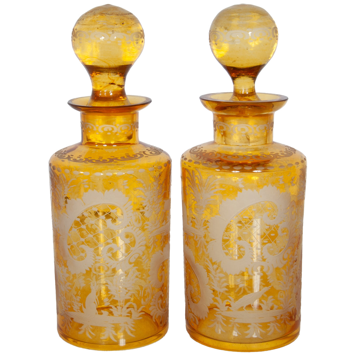 Antique Pair 19th Century Etched Bohemian Amber Glass Wine Liquor Decanters 1880