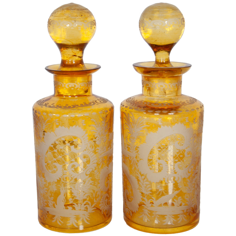 Antique Pair 19th Century Etched Bohemian Amber Glass Wine Liquor Decanters 1880