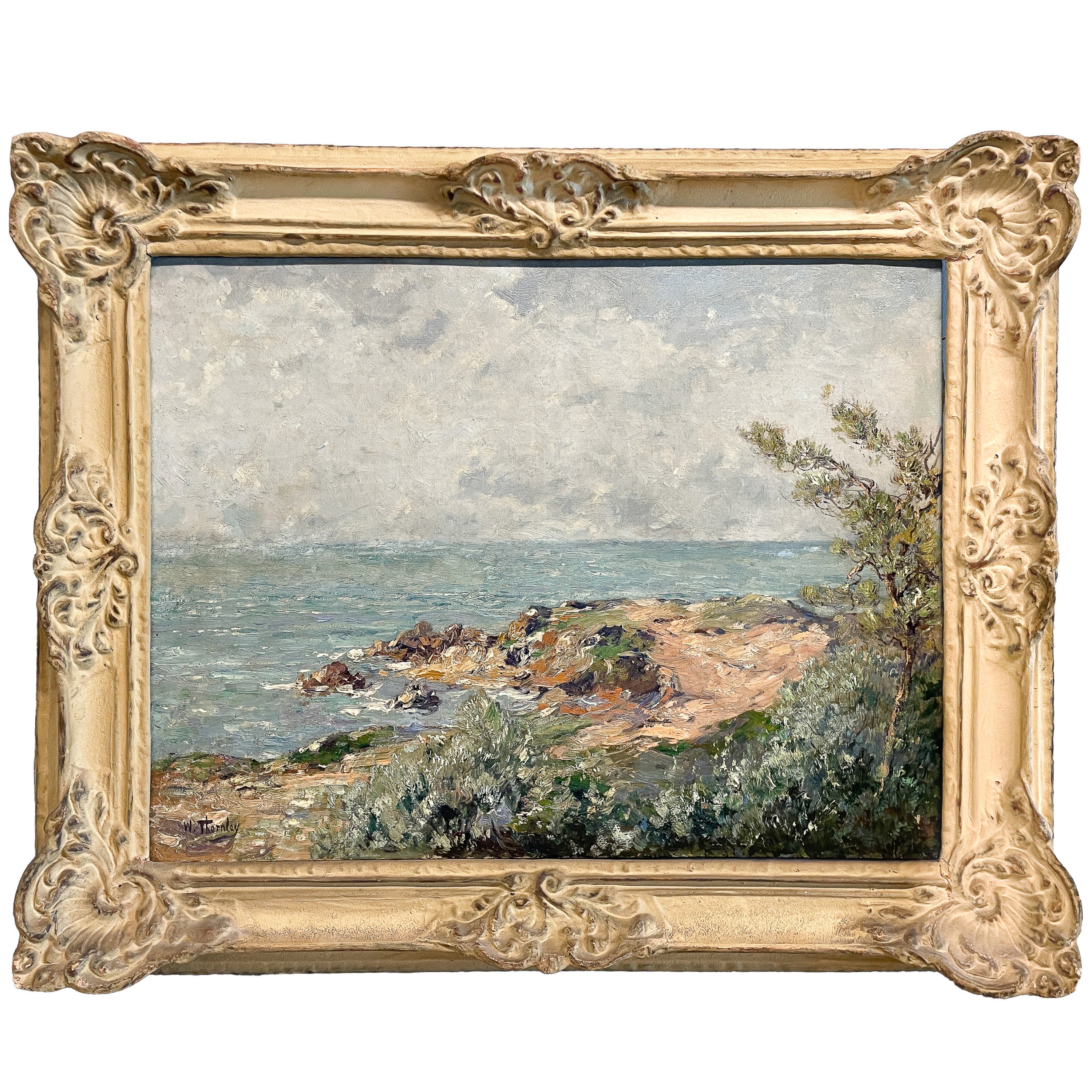 Antique French Impressionist Oil on Canvas Painting Sea Landscape