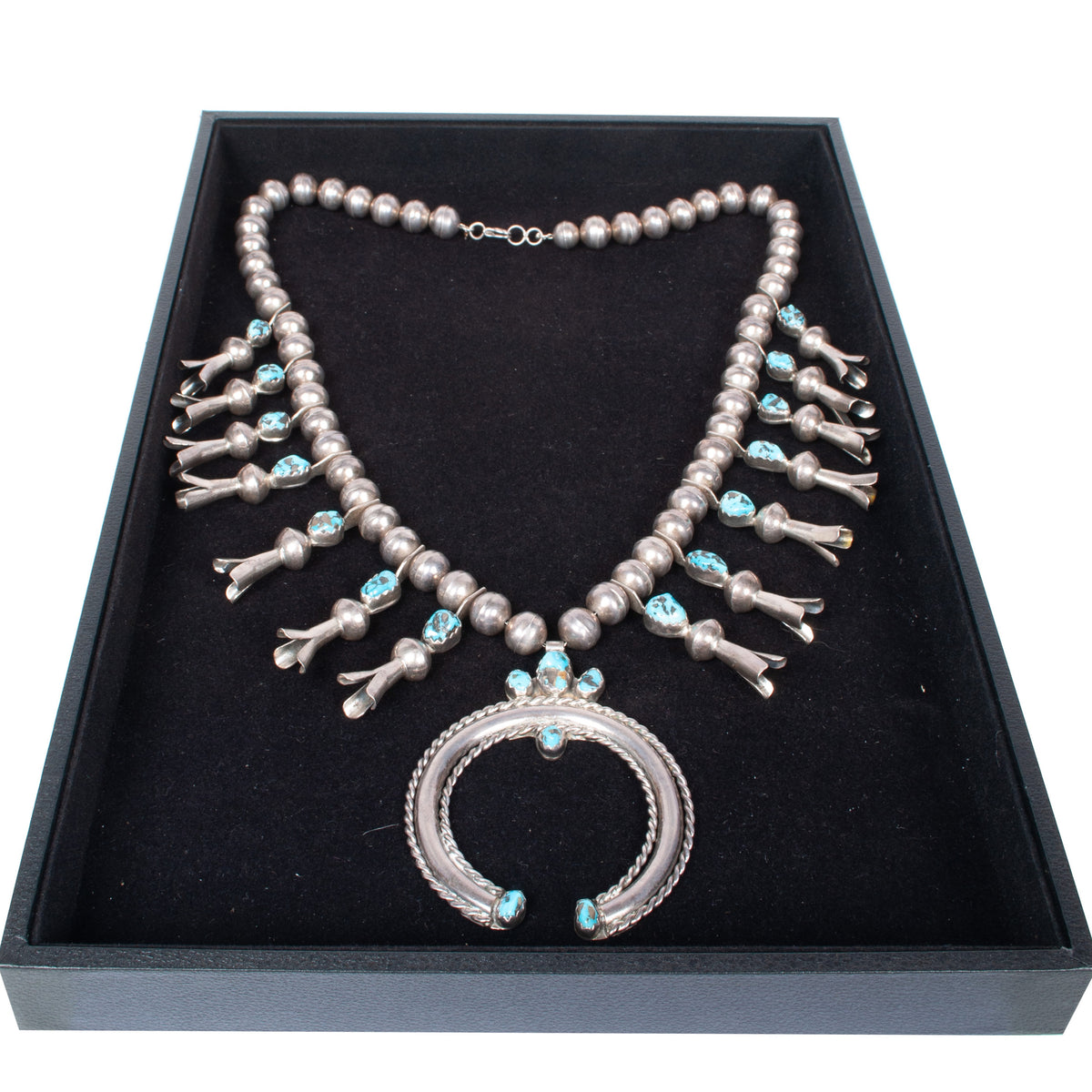 Antique Native American Navajo Sterling Silver Turquoise Squash Blossom Necklace
