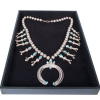 Antique Native American Navajo Sterling Silver Turquoise Squash Blossom Necklace