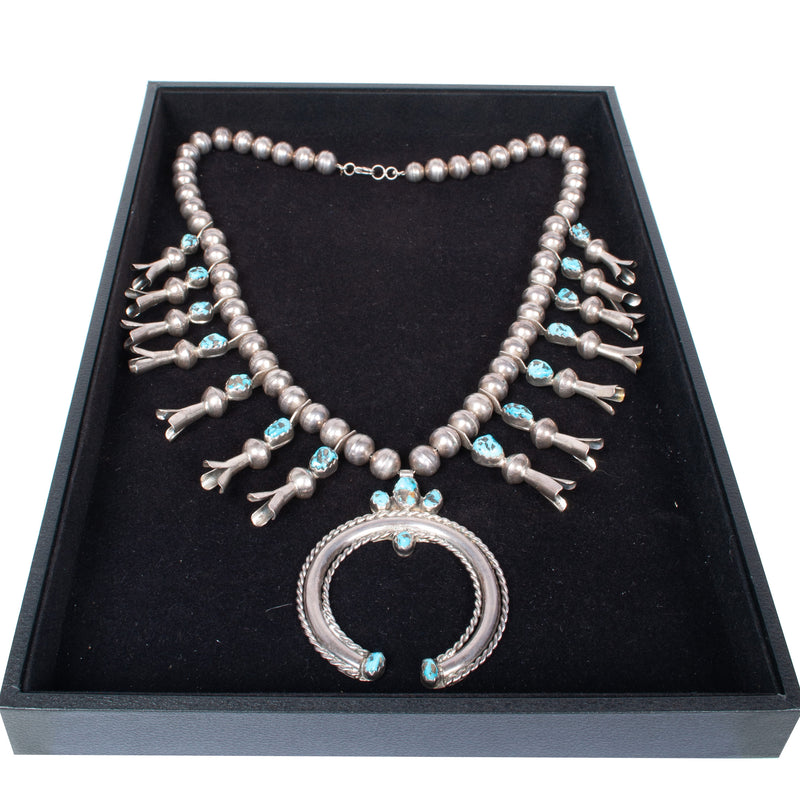 Antique Native American Navajo Sterling Silver Turquoise Squash Blossom Necklace