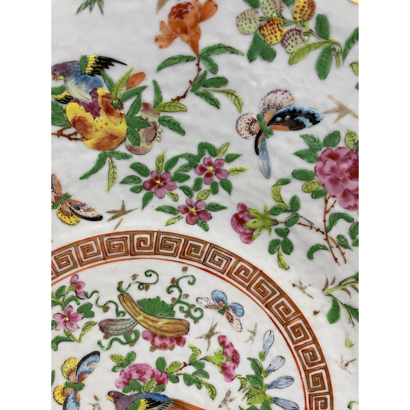 Antique 16" Chinese Canton Famille Rose Butterflies Birds Porcelain Charger 1880