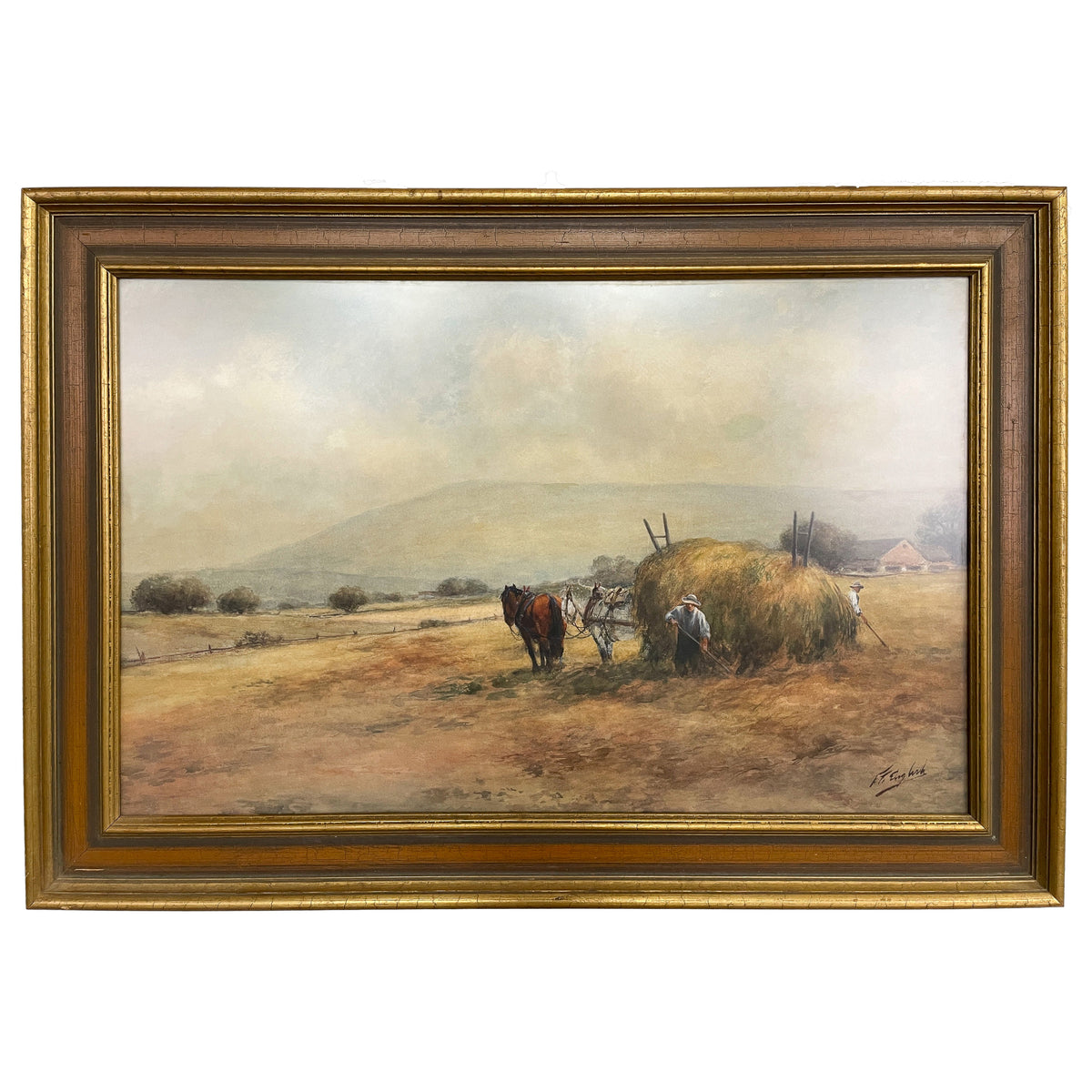 Antique American Watercolor Painting Bucks County Pennslyvania Horses Farm by Frank F. English 1910