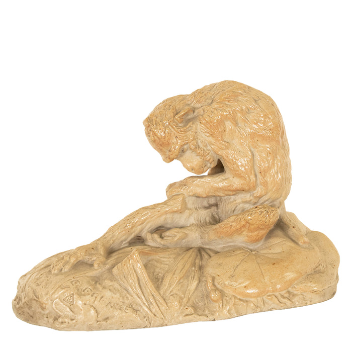 Antique French Sevres Terracotta Ceramic Monkey Snail Animalier Statue Sculpture by Emmanuel Fremiet, 1905
