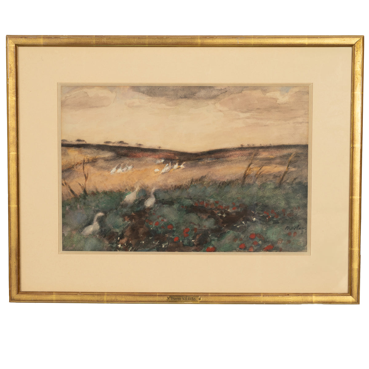 Russian French Impressionist Watercolor Gouache Landscape with Geese Painting by Pyotr Alexandrovich Nilus 1930