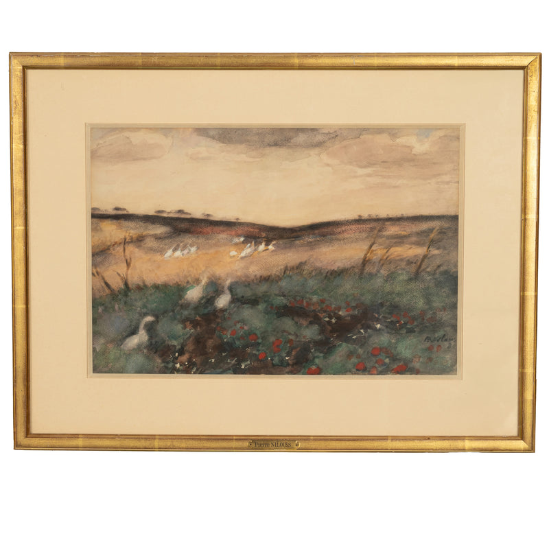 Russian French Impressionist Watercolor Gouache Landscape with Geese Painting by Pyotr Alexandrovich Nilus 1930