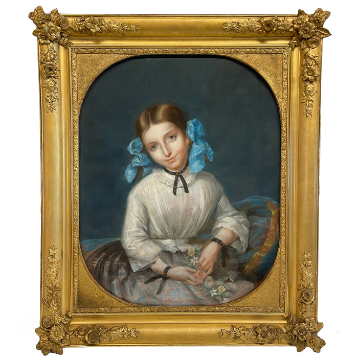 Antique 19th Century Swiss School Pastel Portrait Painting Beautiful Young Girl, Attributed to Albert Anker, Circa 1870