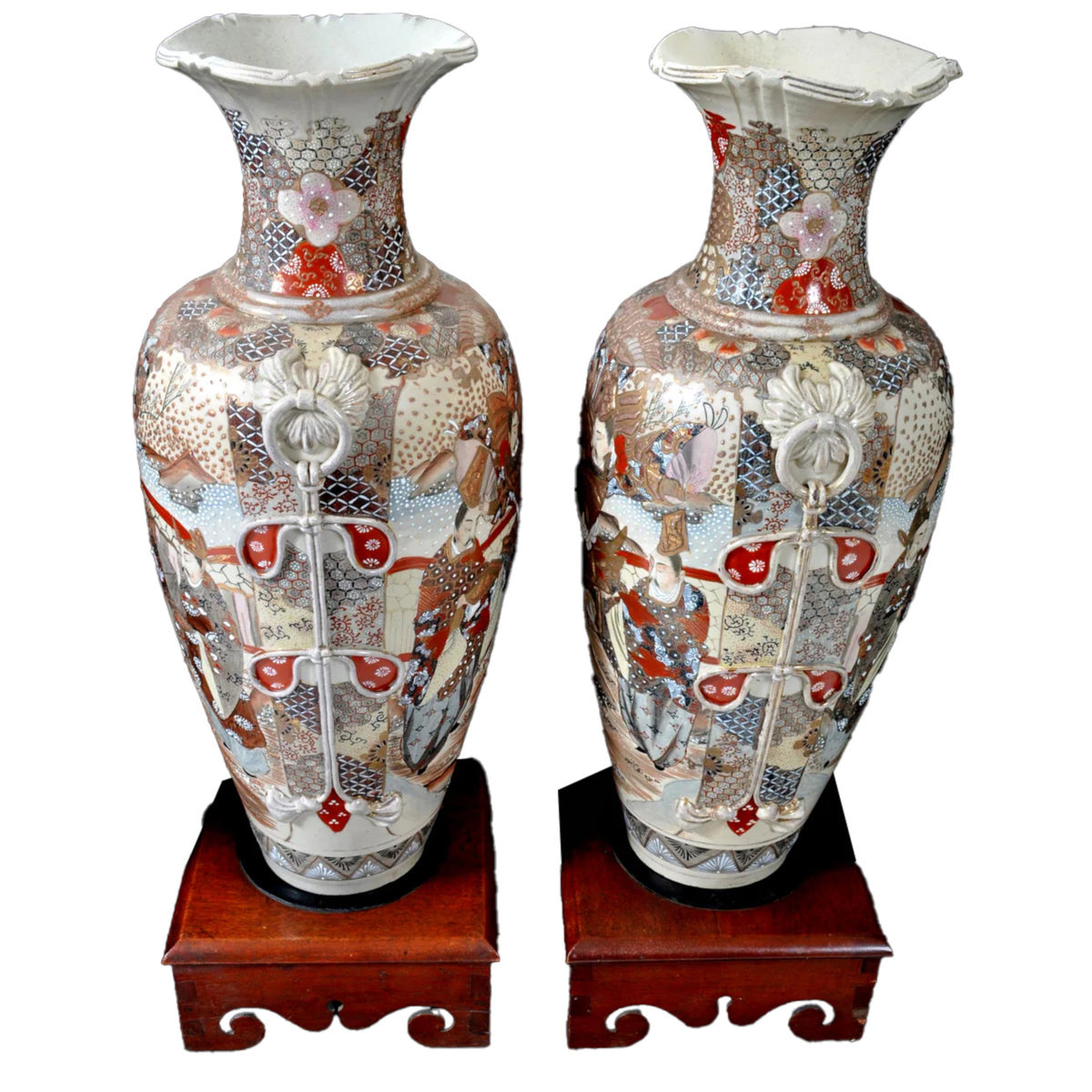 Pair of Monumental Antique Japanese Meiji Period Satsuma Pottery Vases & Stands Circa 1900