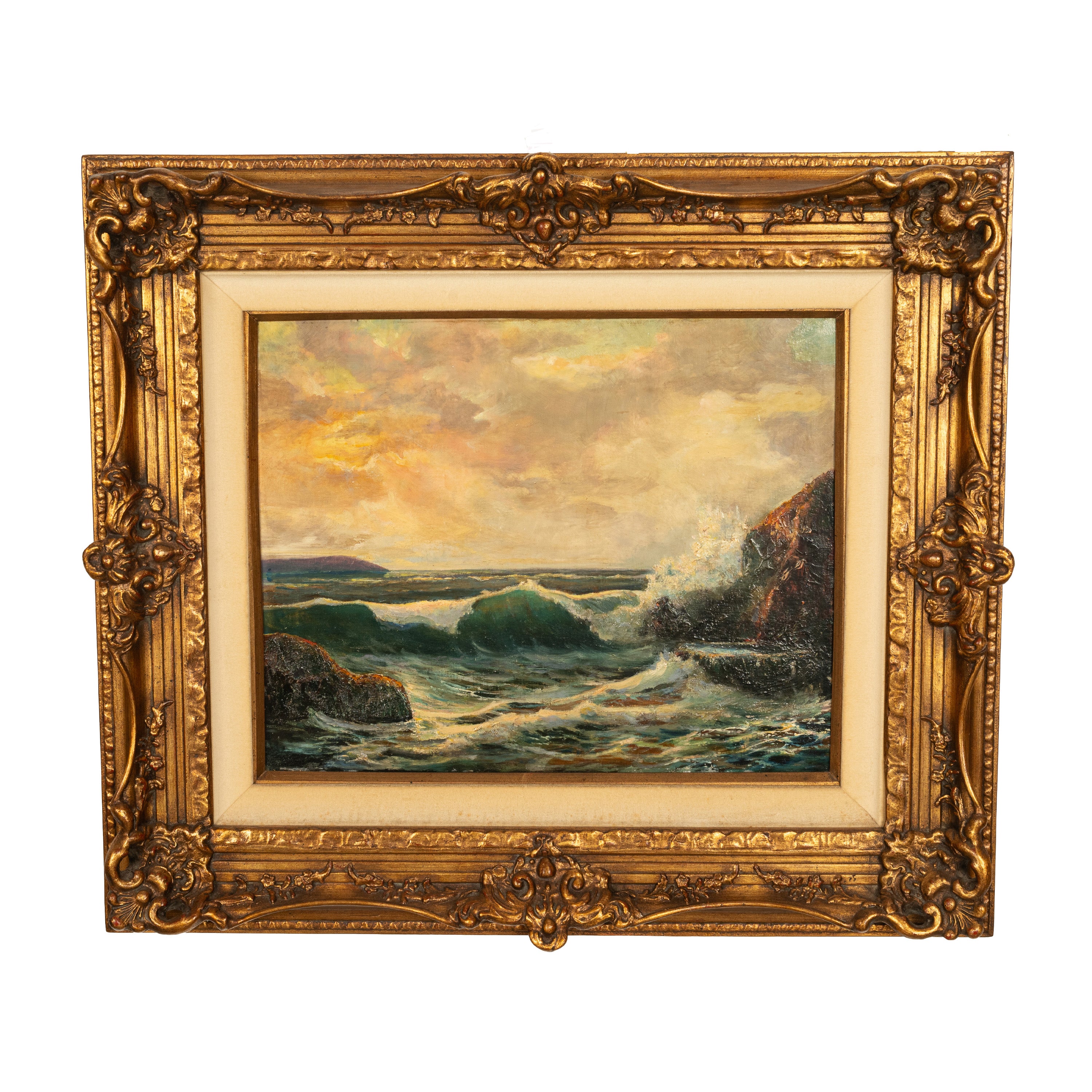 Antique American Marine Seascape Oil Painting Crashing Surf