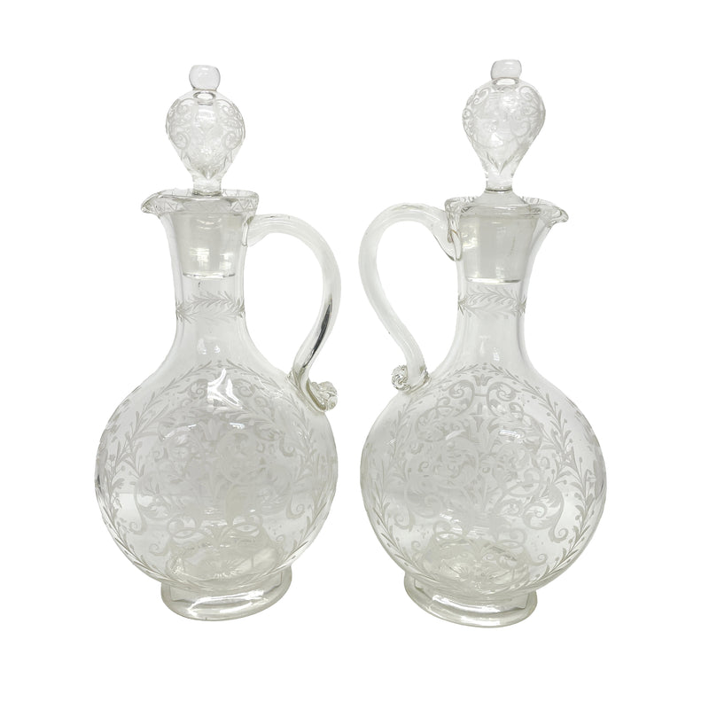 Pair Antique Austrian Lobmeyr Etched Glass Wine Liquor Decanters Stoppers 1880