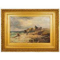 Antique British Oil Painting Seascape Coast Scene Shipwreck Landscape Horses Samuel C. Bird 1870