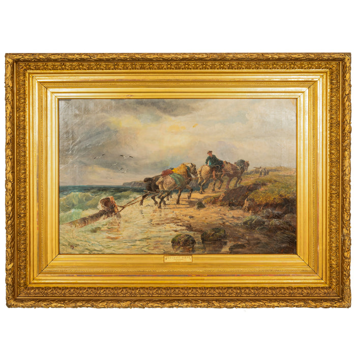 Antique British Oil Painting Seascape Coast Scene Shipwreck Landscape Horses Samuel C. Bird 1870