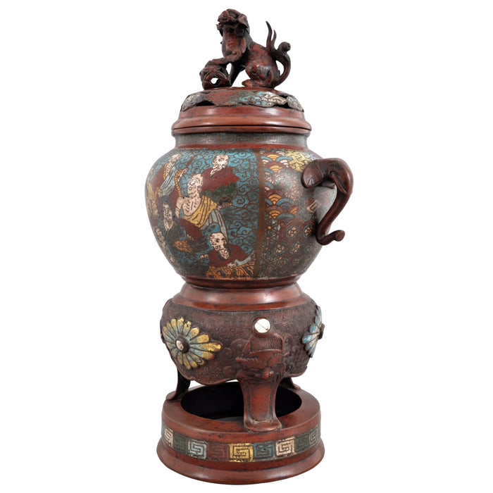 Antique Chinese Qing Dynasty Archaic Style Bronze Enamel Champlevé Censer / Incense Burner, Circa 1880