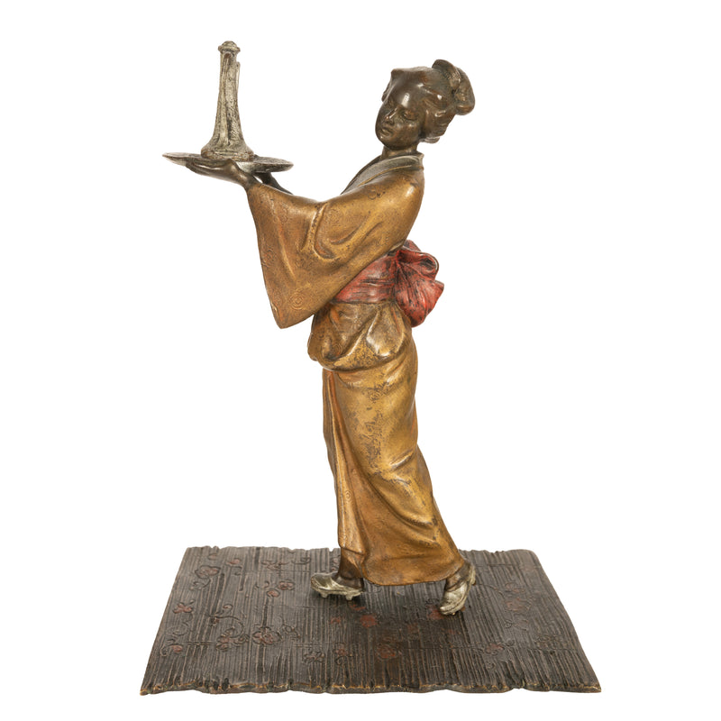 Antique Austrian Art Deco Cold Painted Bronze Serving Girl Japanese Geisha by Richard Thuss, 1920