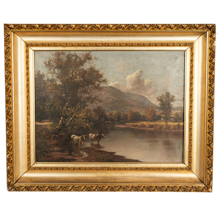 Antique American Hudson River School Oil Painting Cows Landscape Troy New York by Charles Grant Beauregard 1898