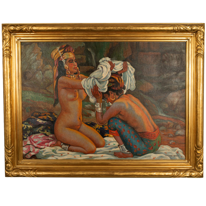 Large Orientalist Oil Painting North African Algeria Nude Tattooed Berber Women by Nasreddine Dinet Circa 1910