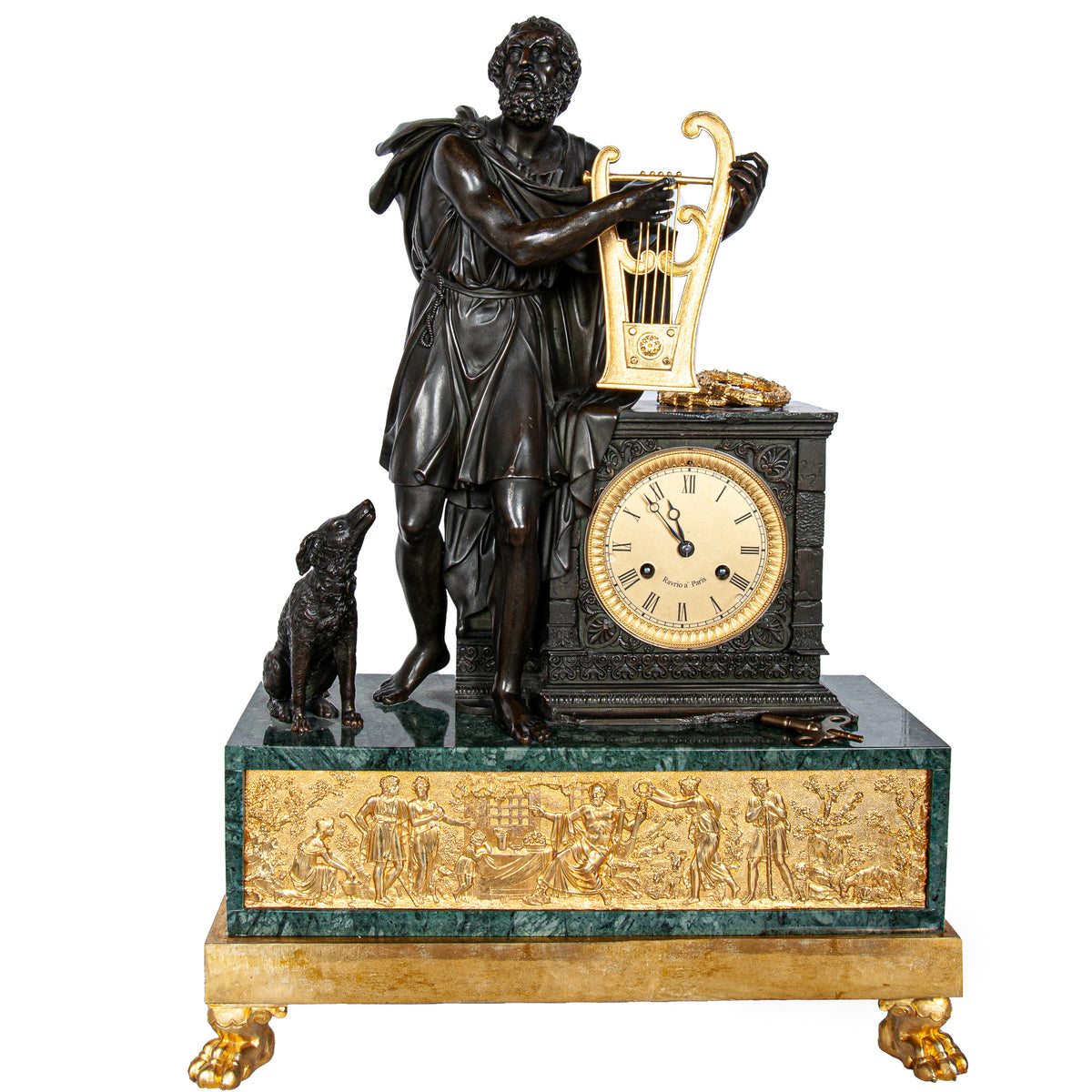 Antique French Empire Gilt Bronze & Marble Statue Clock of Homer by Ravrio 1810