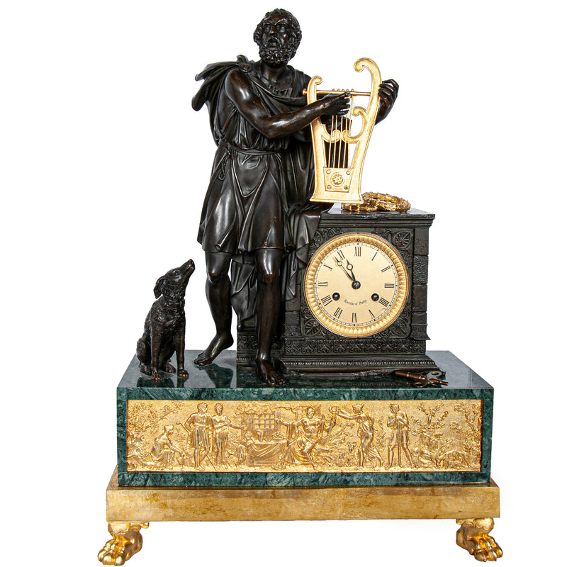 Antique French Empire Gilt Bronze & Marble Statue Clock of Homer by Ravrio 1810