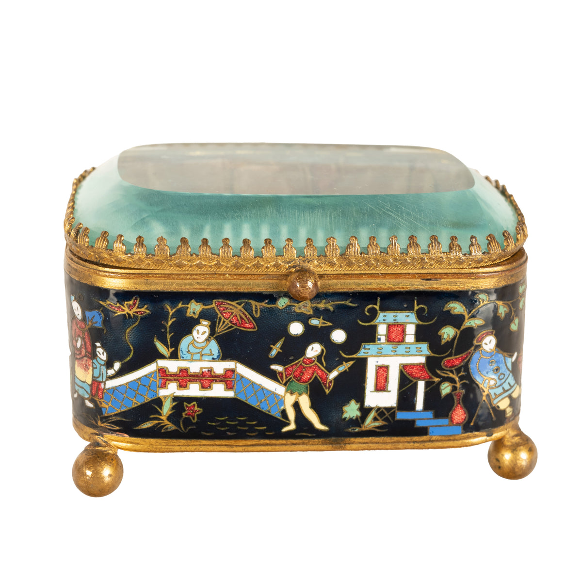 Antique French Gilt Brass Cloisonne Chinoiserie Champleve Jewelry Box Casket, 1880