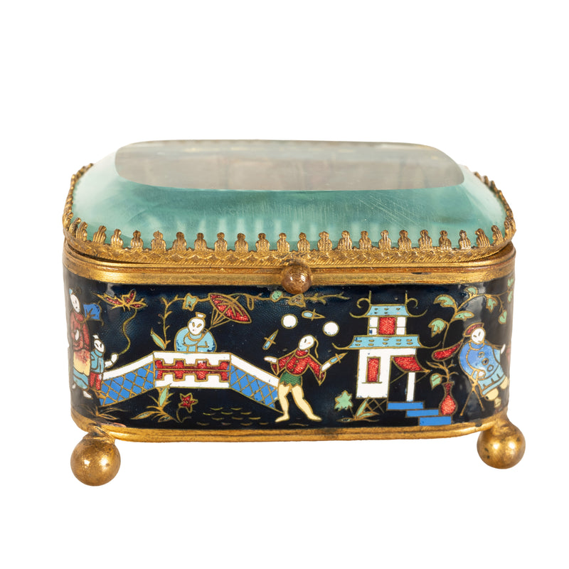 Antique French Gilt Brass Cloisonne Chinoiserie Champleve Jewelry Box Casket, 1880