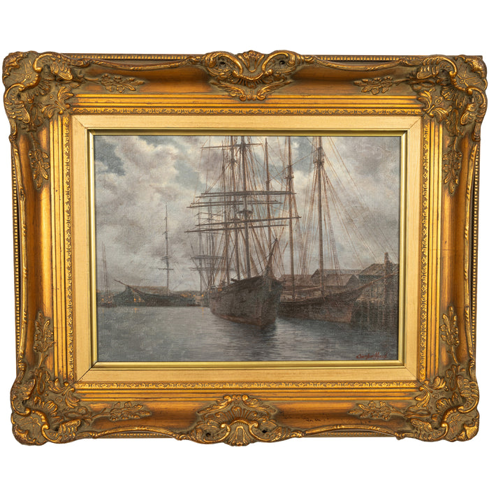 American Oil Canvas Nautical Marine Painting Sailing Ships in Harbor California By Stephen Mirich