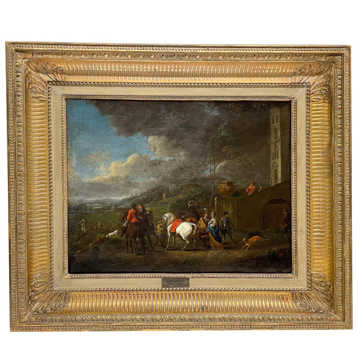 Flemish Early 17th Century Old Master Oil on Panel Painting Hunting Scene By by Peter Van Lint, 1620