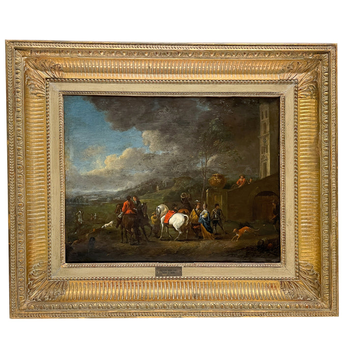 Flemish Early 17th Century Old Master Oil on Panel Painting Hunting Scene By by Peter Van Lint, 1620
