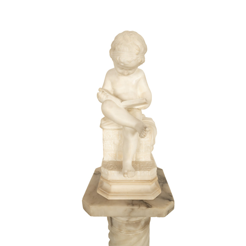 Antique Italian Grand Tour Marble Sculpture Statue Pedestal Putto Child Reading Antonio Canova 1890